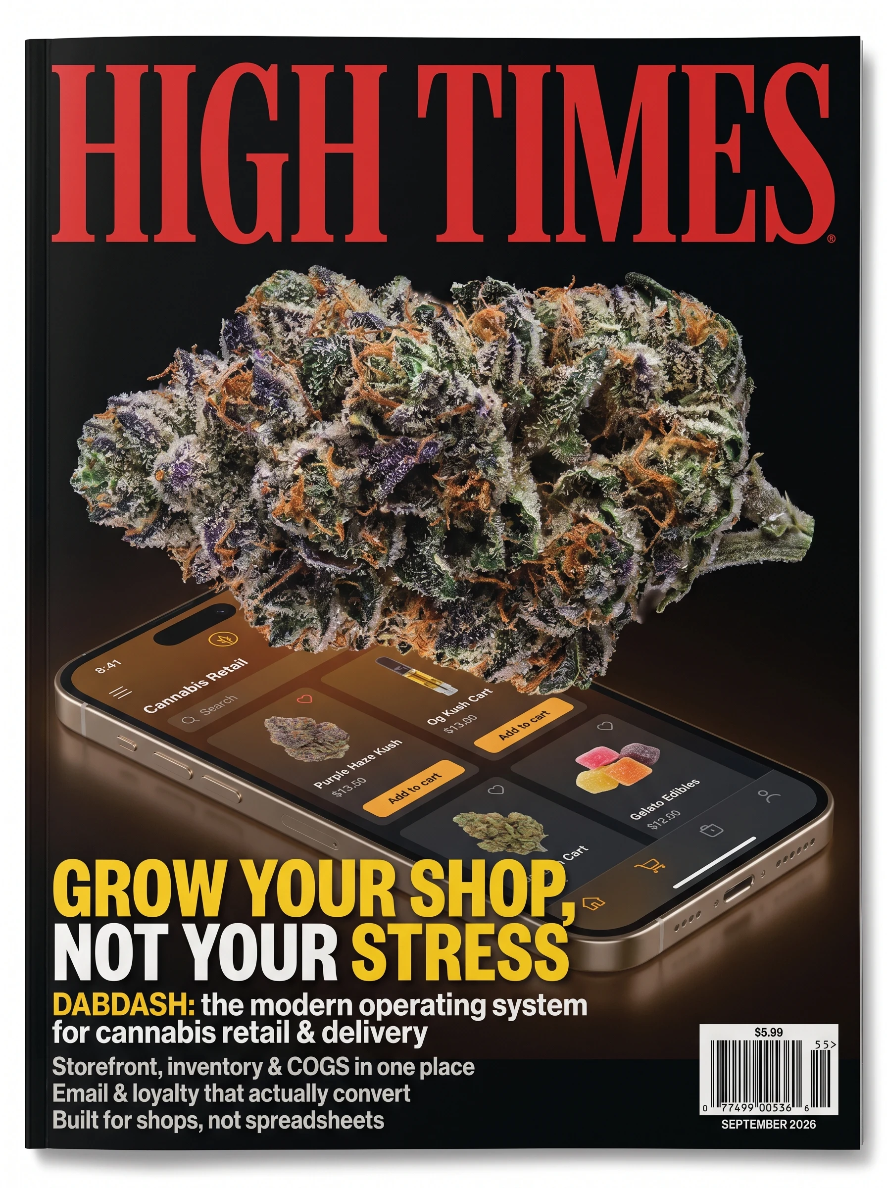 Stylized cannabis magazine cover in the classic High Times look, with a bold red masthead and a macro photo of a frosty cannabis bud