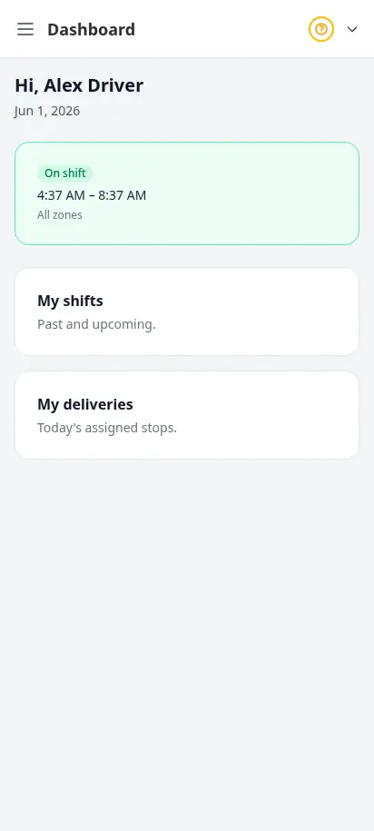 DabDash driver app dashboard showing the driver's shift status and assigned deliveries for the day — mobile view