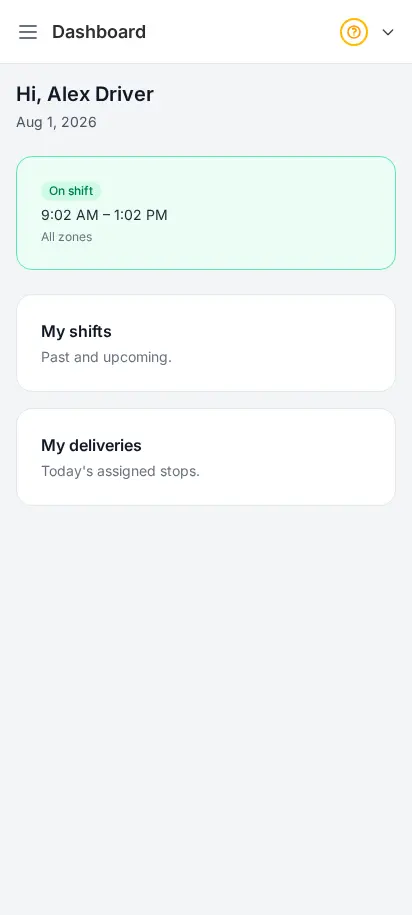 DabDash driver app dashboard showing the driver's shift status and assigned deliveries for the day — mobile view