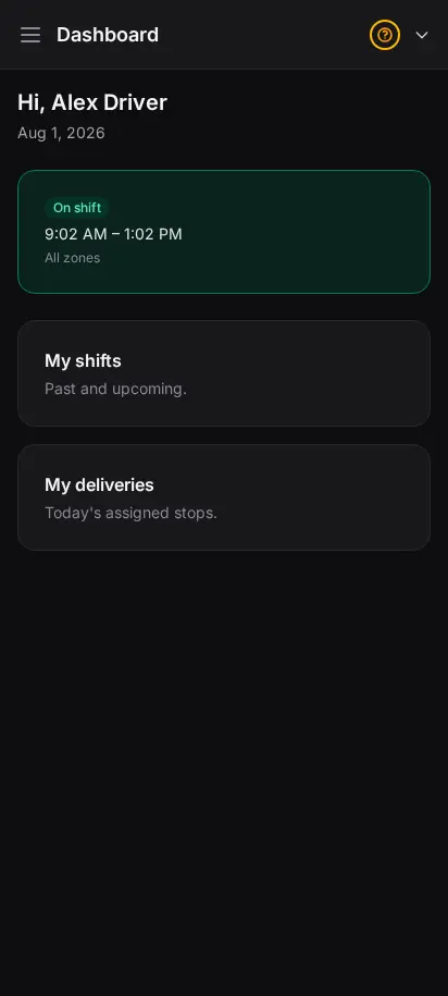 DabDash driver app dashboard showing the driver's shift status and assigned deliveries for the day — mobile view