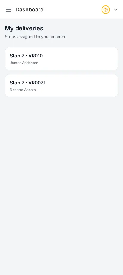 DabDash driver app deliveries list showing today's stops in delivery order with customer addresses — mobile view