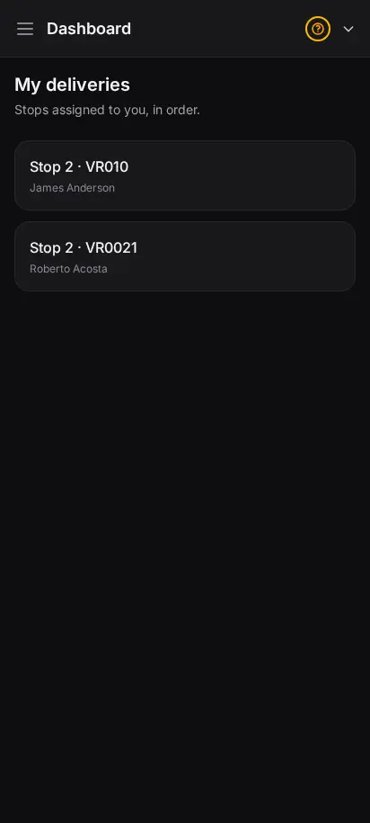 DabDash driver app deliveries list showing today's stops in delivery order with customer addresses — mobile view