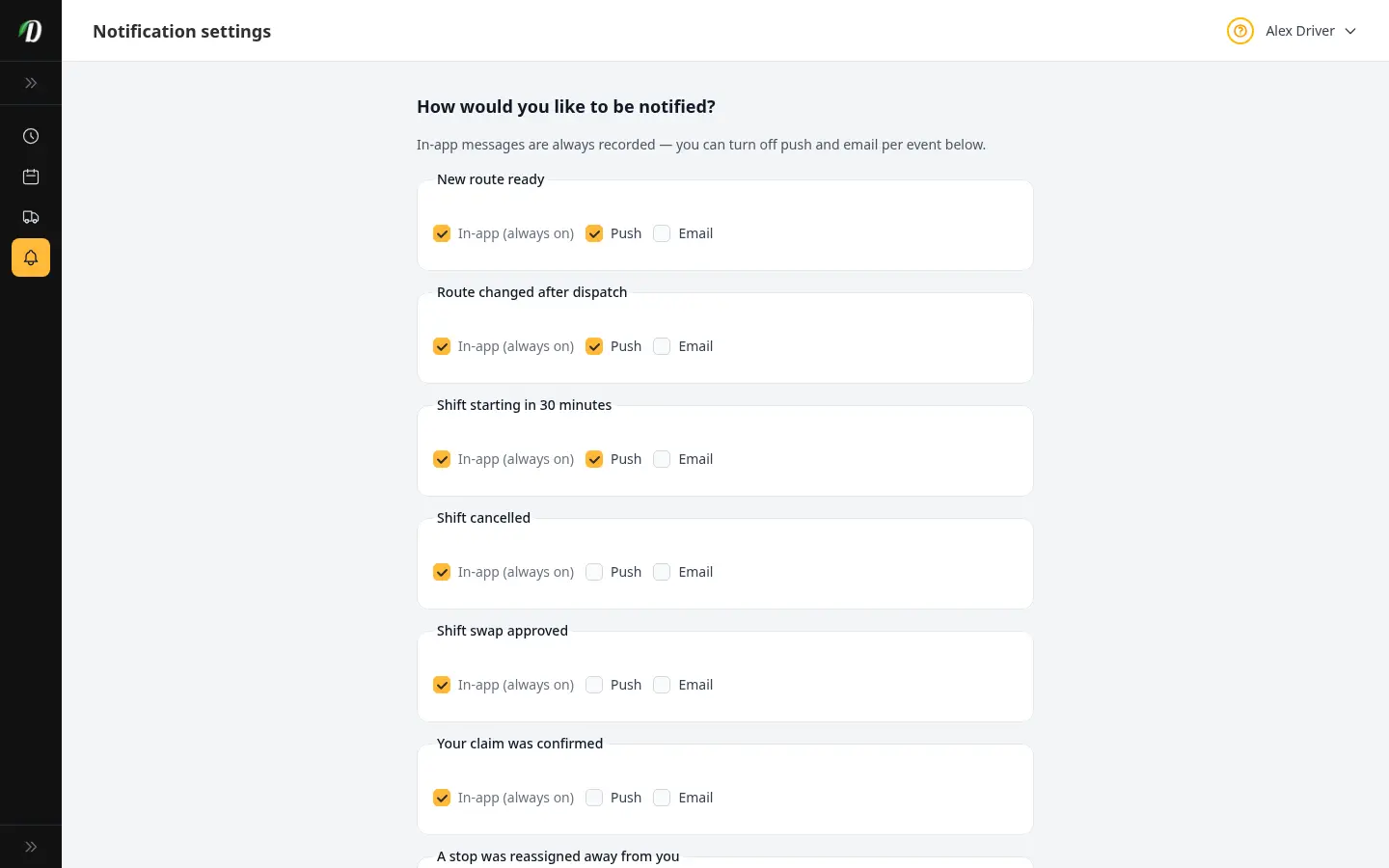 The driver notification settings screen with toggles for in-app, push, and email alerts for each event type