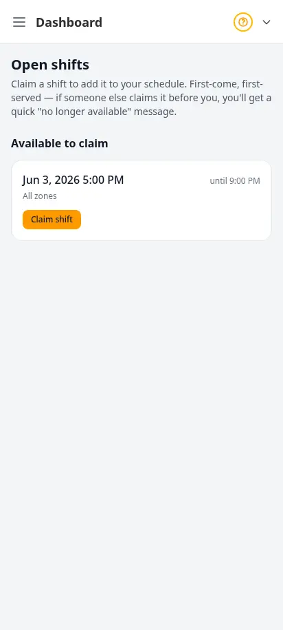 DabDash driver app open shifts screen where a driver can pick up an available delivery shift — mobile view