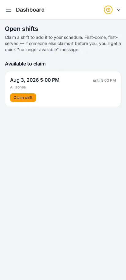 DabDash driver app open shifts screen where a driver can pick up an available delivery shift — mobile view