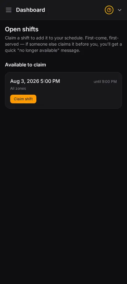 DabDash driver app open shifts screen where a driver can pick up an available delivery shift — mobile view