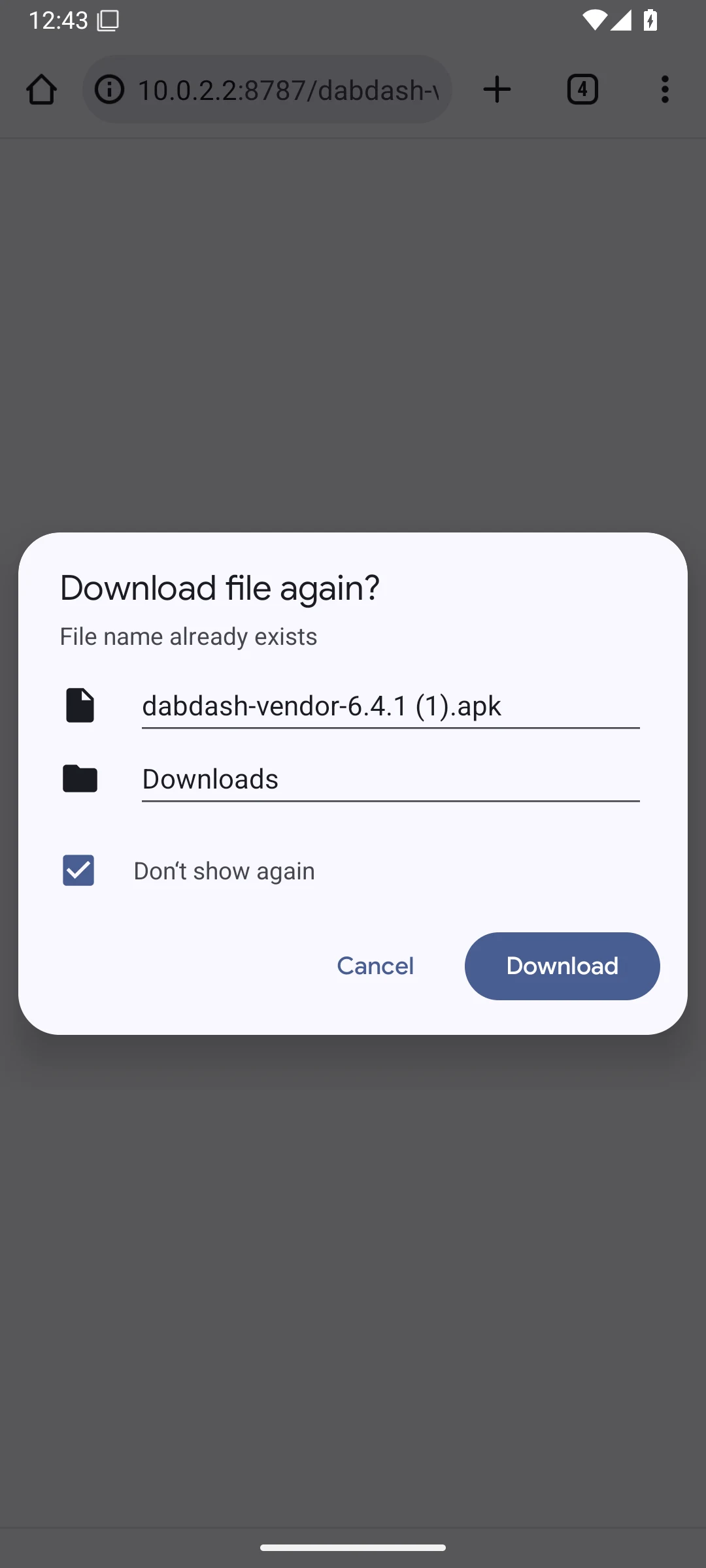 Android 15 browser download notification for the DabDash APK