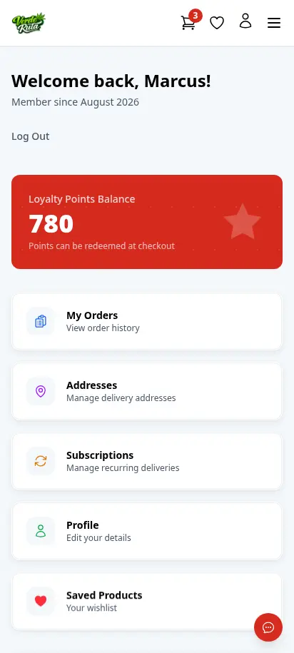 DabDash customer account dashboard showing loyalty points, recent orders, and quick navigation — mobile view
