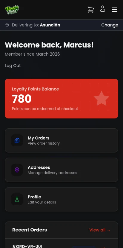 DabDash customer account dashboard with recent orders and loyalty points — mobile view