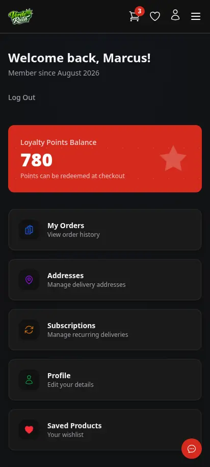 DabDash customer account dashboard showing loyalty points, recent orders, and quick navigation — mobile view