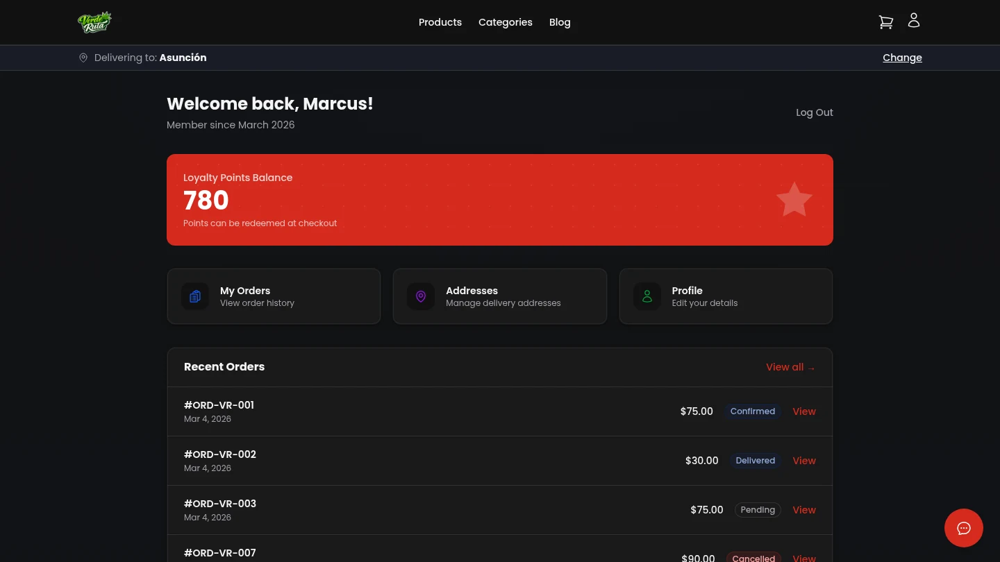 DabDash customer account dashboard with recent orders and loyalty points