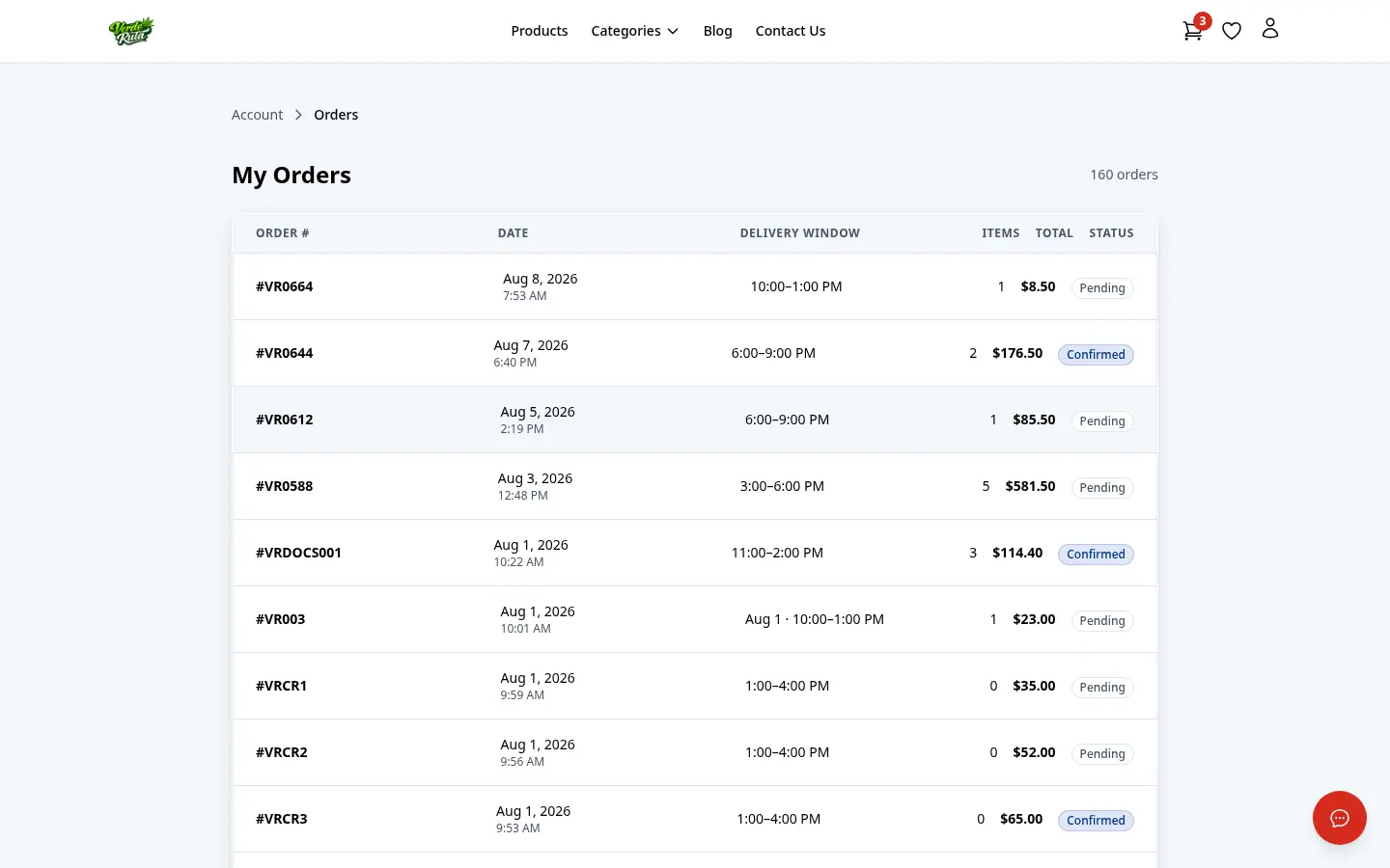 DabDash customer orders page showing past orders with status badges