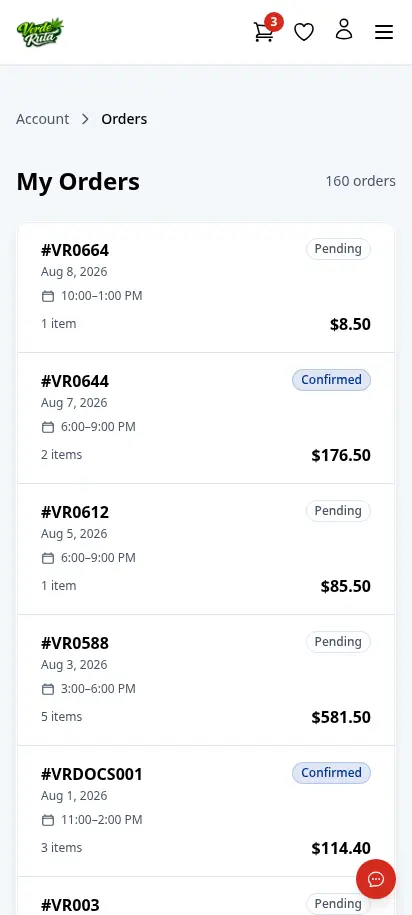 DabDash customer orders page showing past orders with status badges — mobile view
