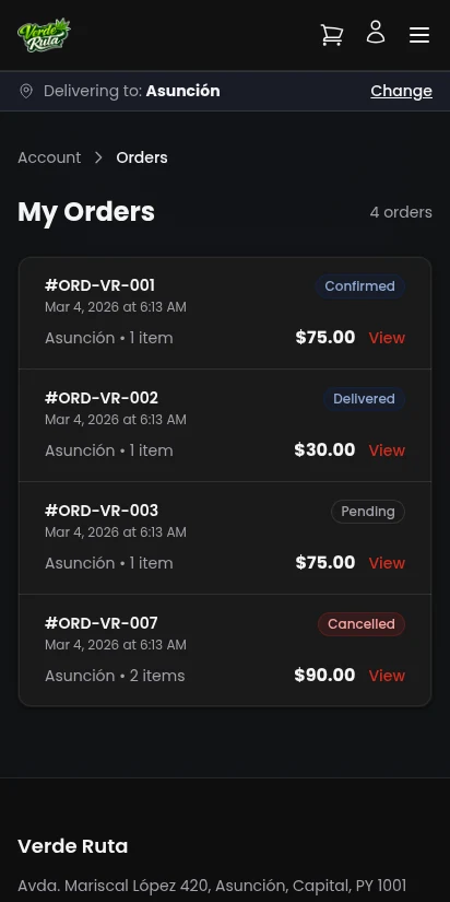 DabDash customer order history list with status badges — mobile view