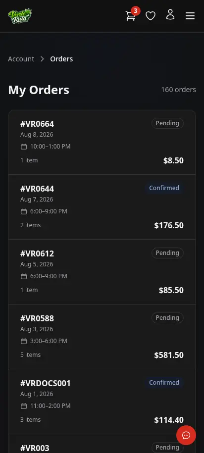 DabDash customer orders page showing past orders with status badges — mobile view