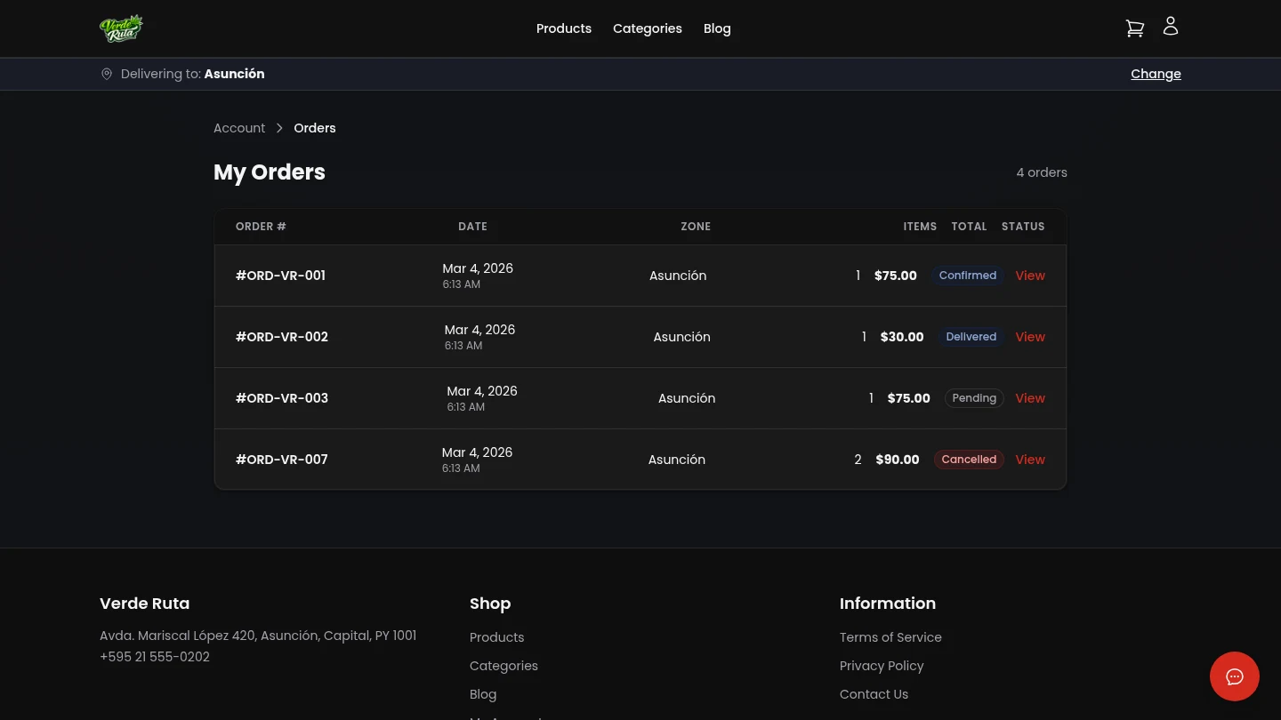 DabDash customer order history list with status badges