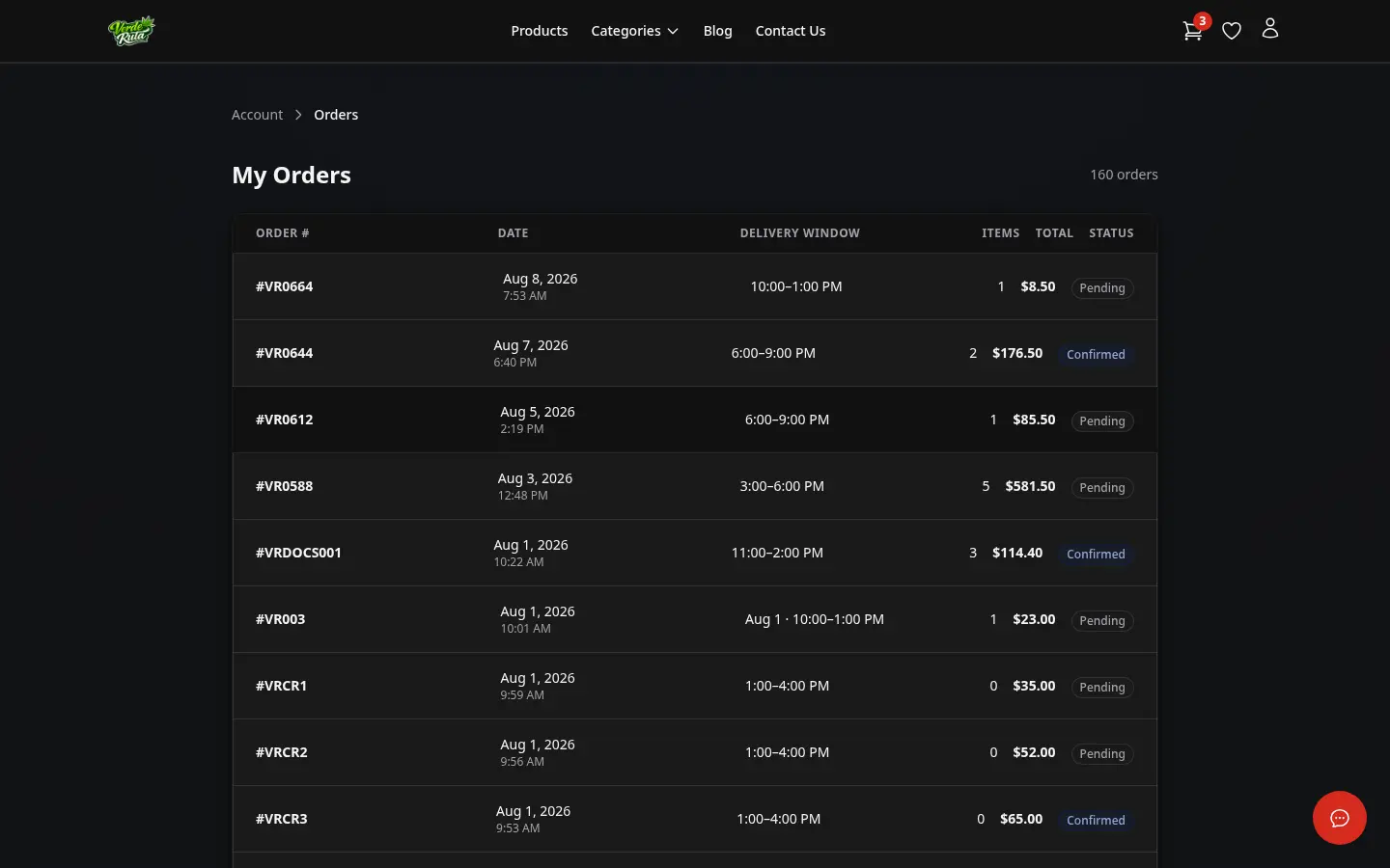 DabDash customer orders page showing past orders with status badges