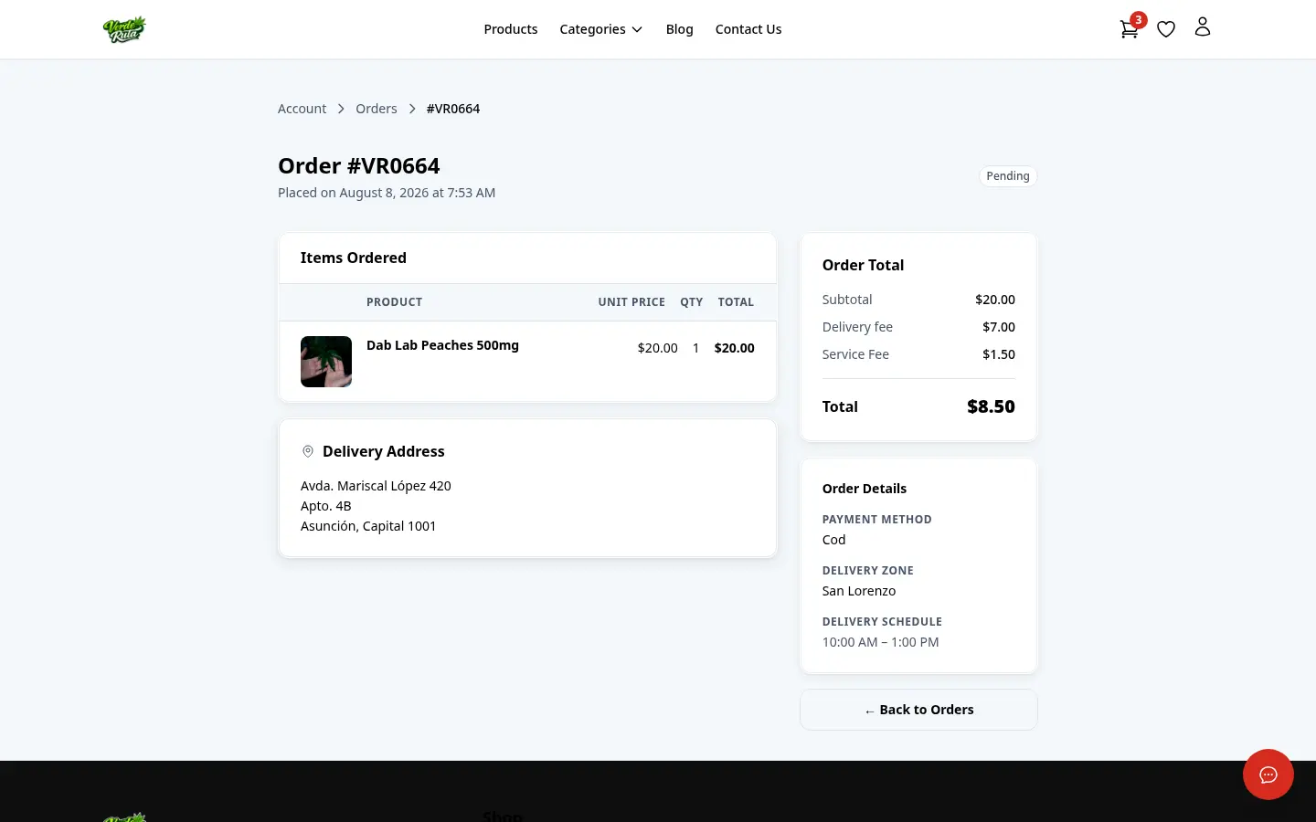 DabDash customer order detail page showing items, address, fees, and order status