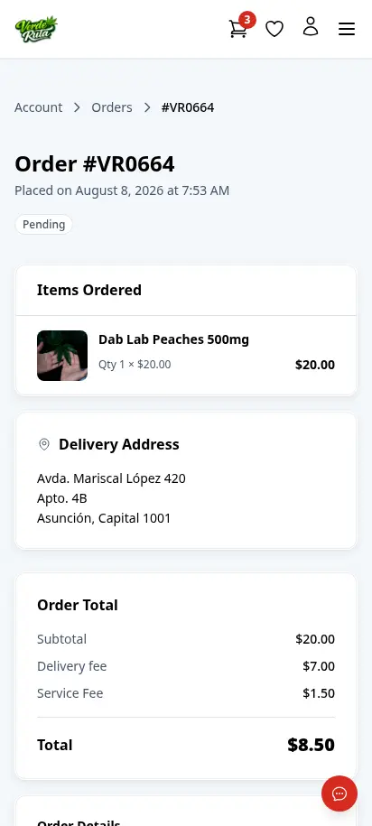 DabDash customer order detail page showing items, address, fees, and order status — mobile view