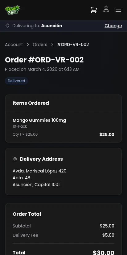 DabDash customer account order detail showing line items, delivery address, fees, and order status — mobile view