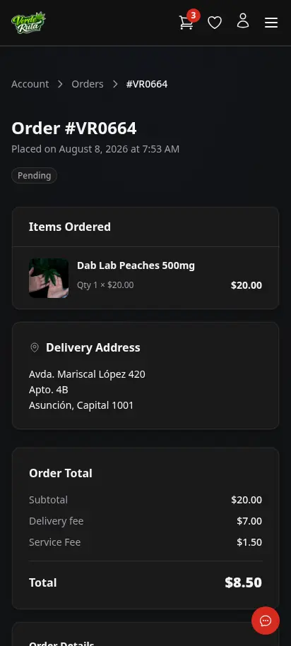 DabDash customer order detail page showing items, address, fees, and order status — mobile view