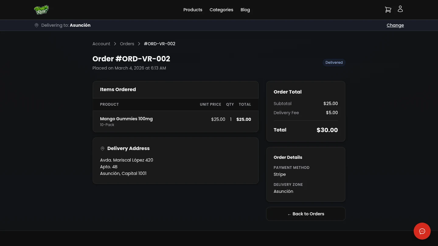 DabDash customer account order detail showing line items, delivery address, fees, and order status
