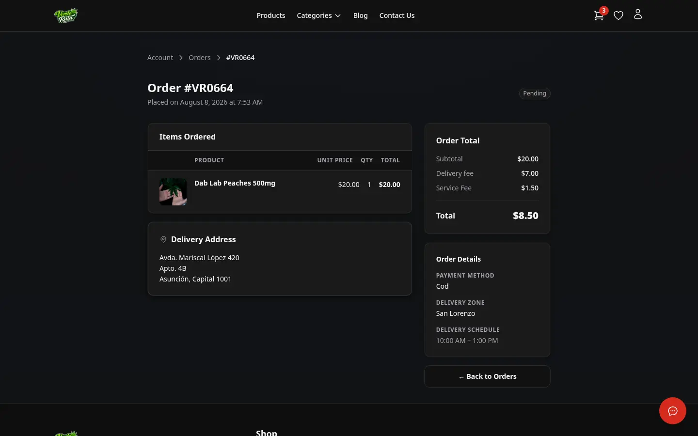 DabDash customer order detail page showing items, address, fees, and order status