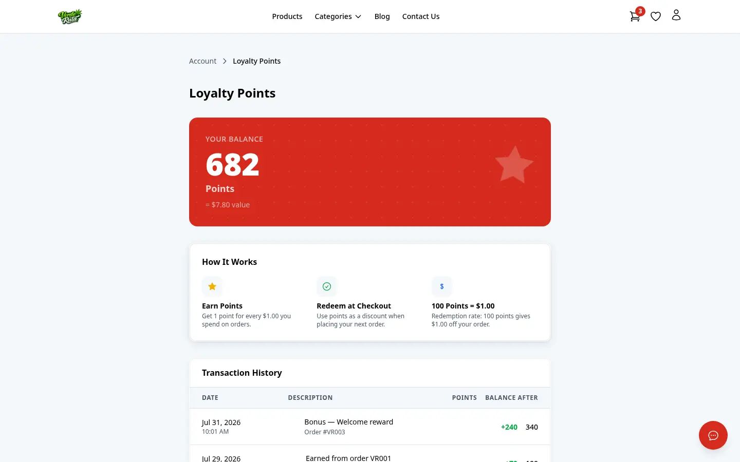 DabDash loyalty page showing points balance and reward history