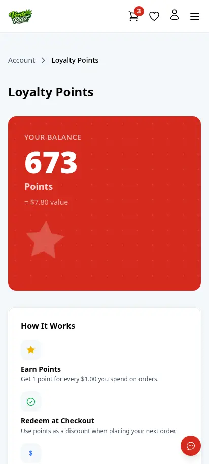 DabDash loyalty page showing points balance and reward history — mobile view