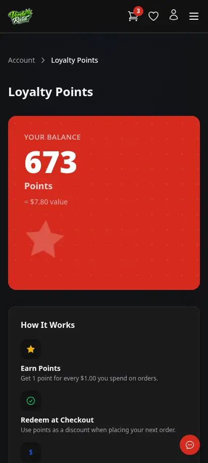 DabDash loyalty page showing points balance and reward history — mobile view