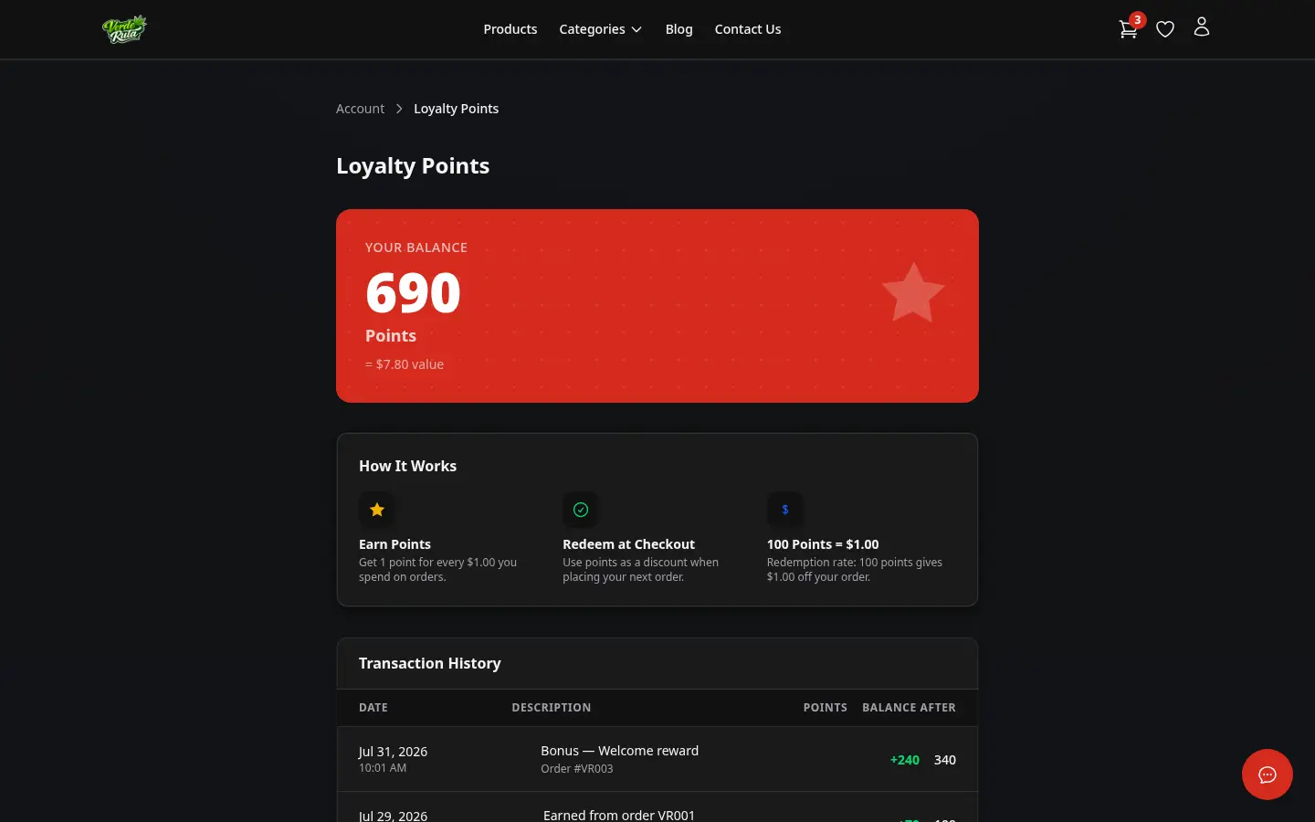 DabDash loyalty page showing points balance and reward history
