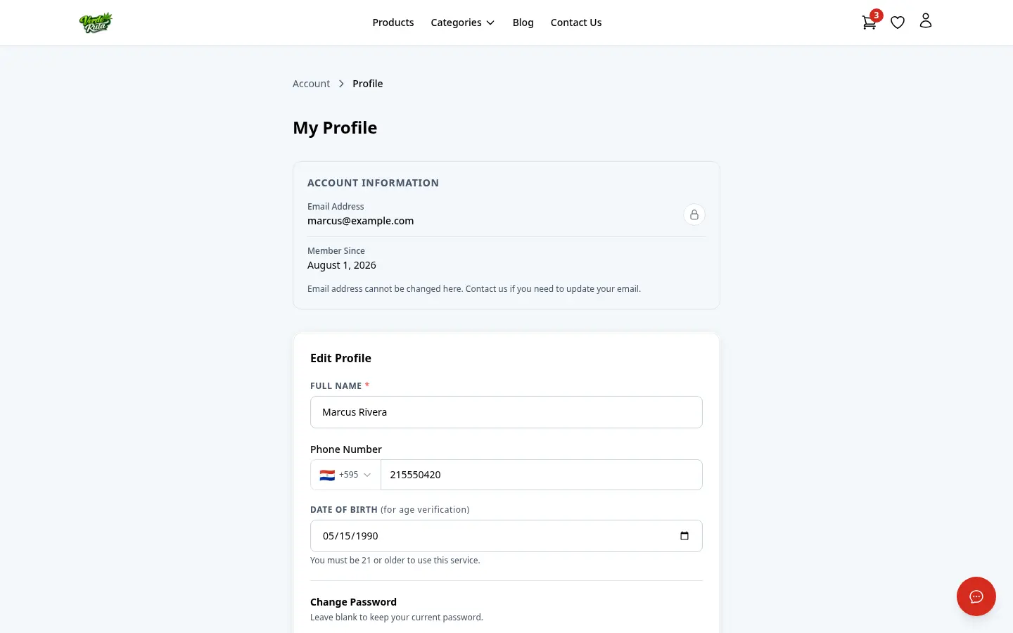 DabDash customer profile page showing saved account details and password controls