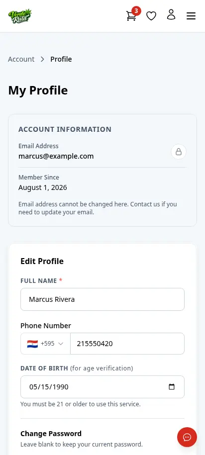 DabDash customer profile page showing saved account details and password controls — mobile view