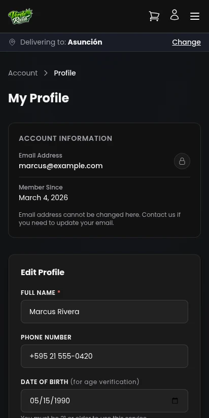DabDash customer profile editor with name, phone, date of birth, and password change fields — mobile view