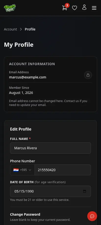 DabDash customer profile page showing saved account details and password controls — mobile view