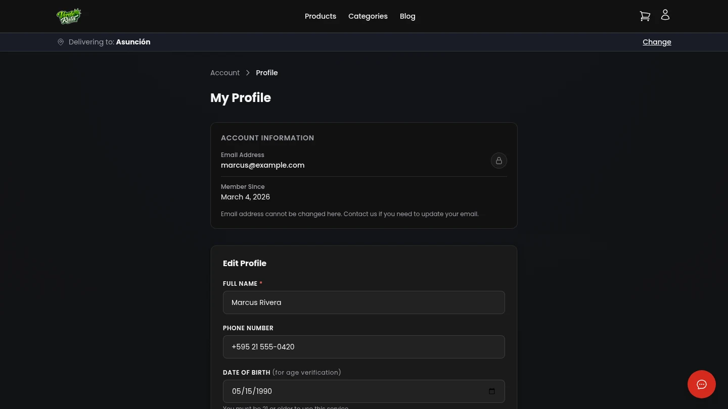 DabDash customer profile editor with name, phone, date of birth, and password change fields
