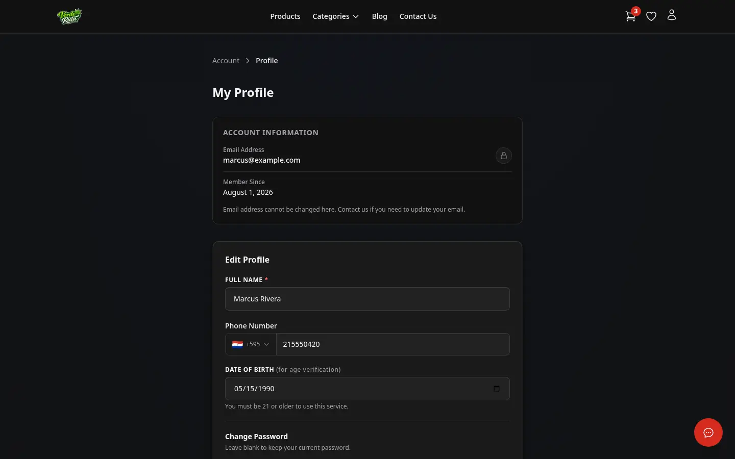 DabDash customer profile page showing saved account details and password controls