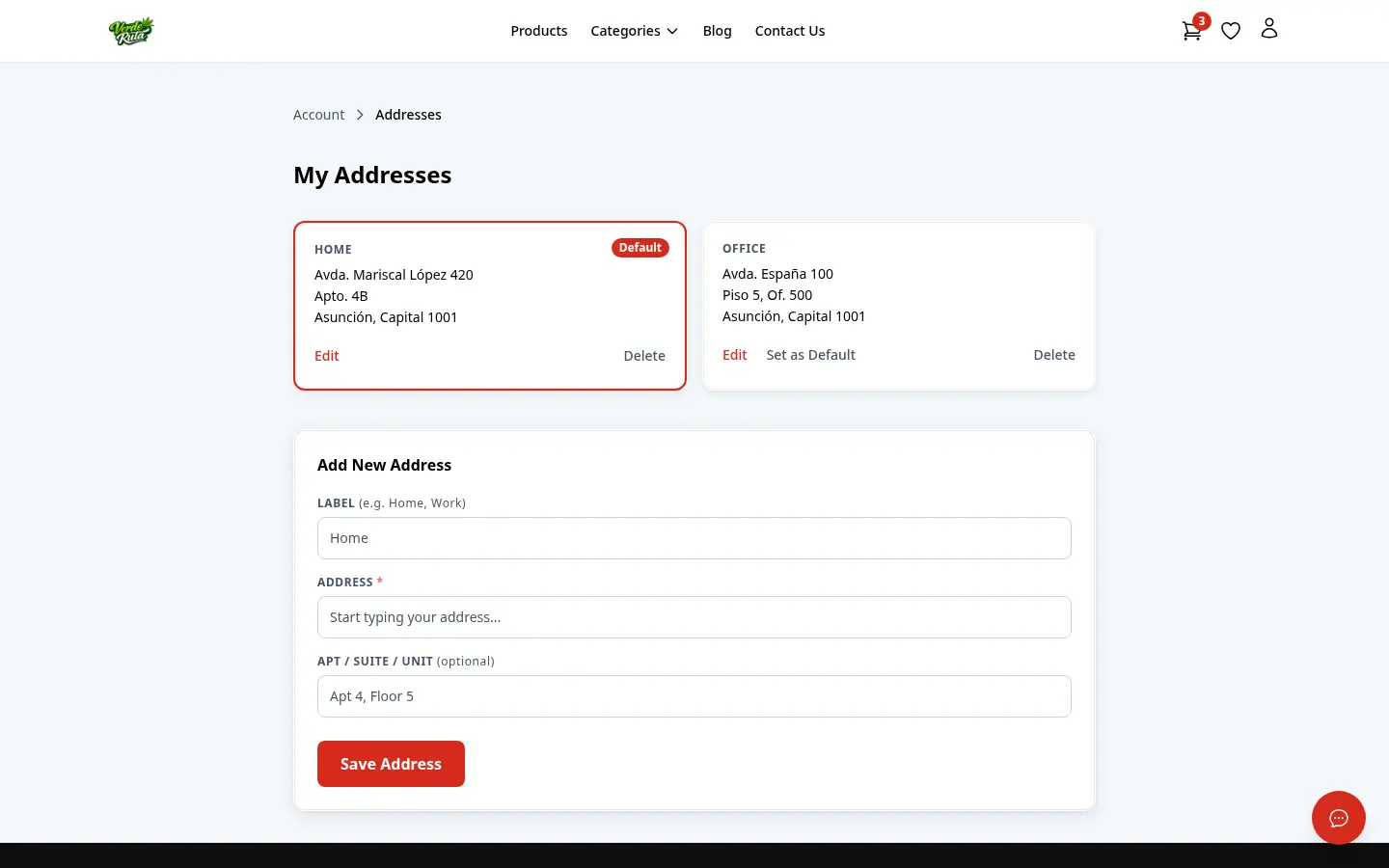 DabDash addresses page showing saved delivery addresses and default address controls