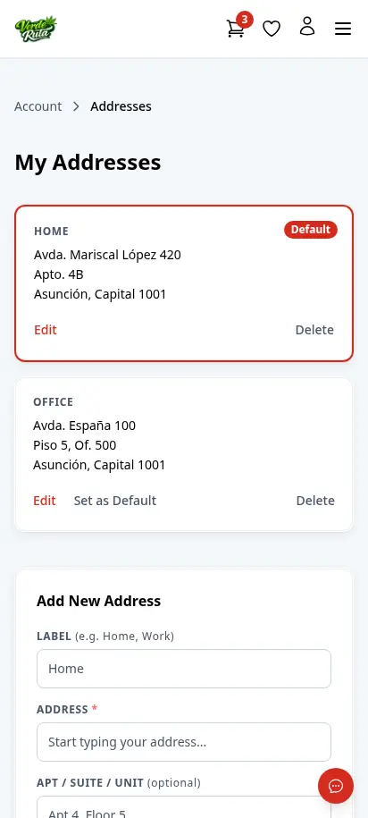 DabDash addresses page showing saved delivery addresses and default address controls — mobile view