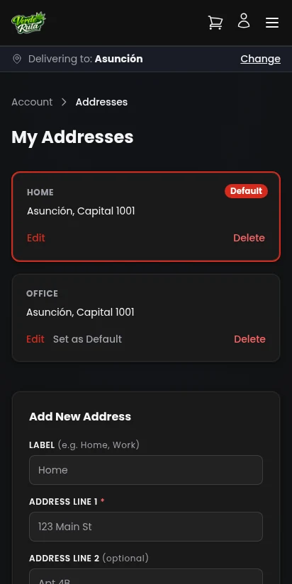 DabDash customer saved addresses management — mobile view