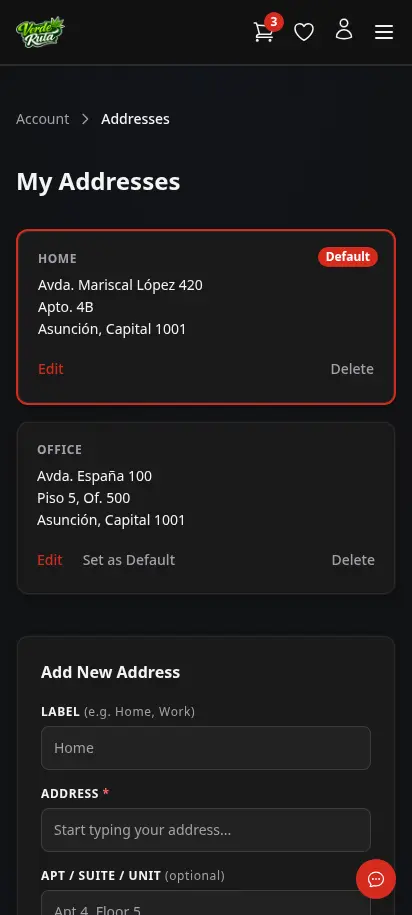 DabDash addresses page showing saved delivery addresses and default address controls — mobile view