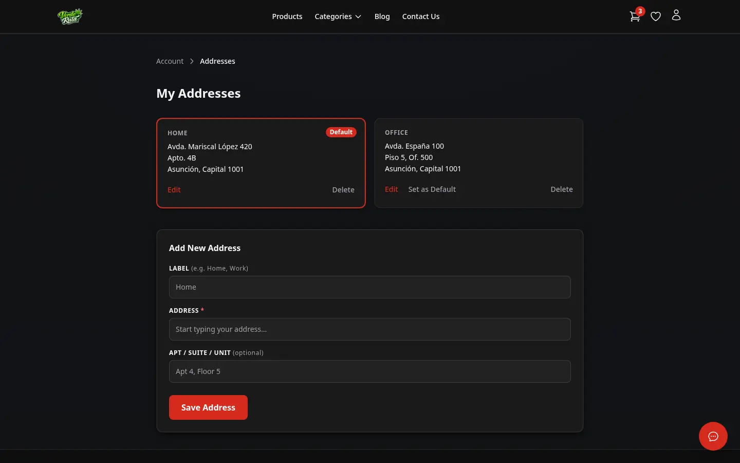 DabDash addresses page showing saved delivery addresses and default address controls