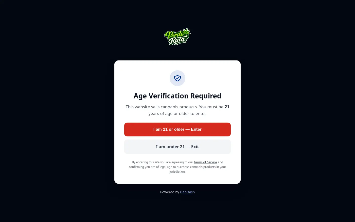 DabDash age verification gate asking visitors to confirm they are 21+ before entering the store