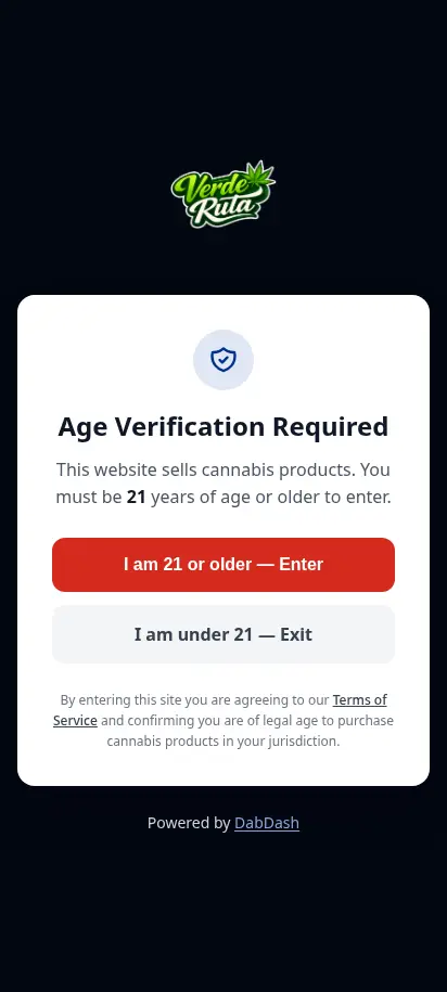 DabDash age verification gate asking visitors to confirm they are 21+ before entering the store