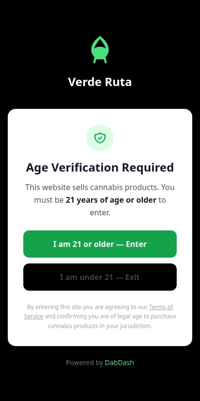 DabDash age verification gate asking visitors to confirm they are 21+