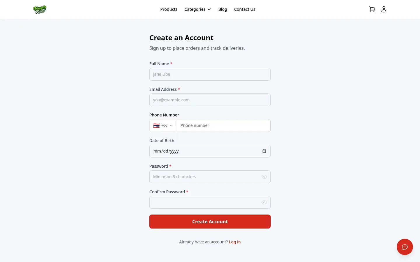 DabDash customer registration page with name, email, phone, date of birth, and password fields