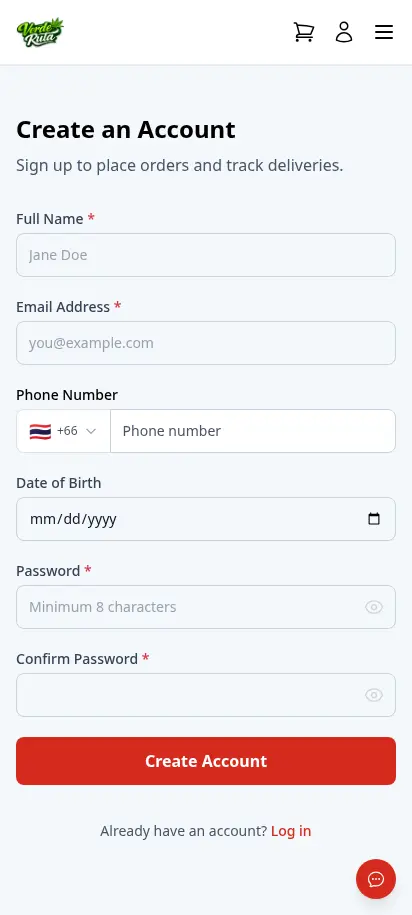 DabDash customer registration page with name, email, phone, date of birth, and password fields — mobile view