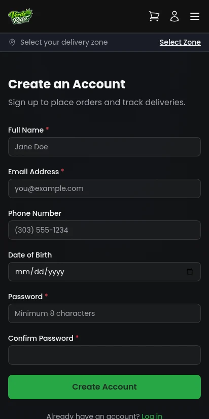 DabDash customer registration form — mobile view