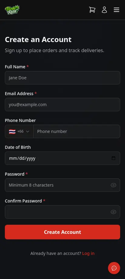 DabDash customer registration page with name, email, phone, date of birth, and password fields — mobile view