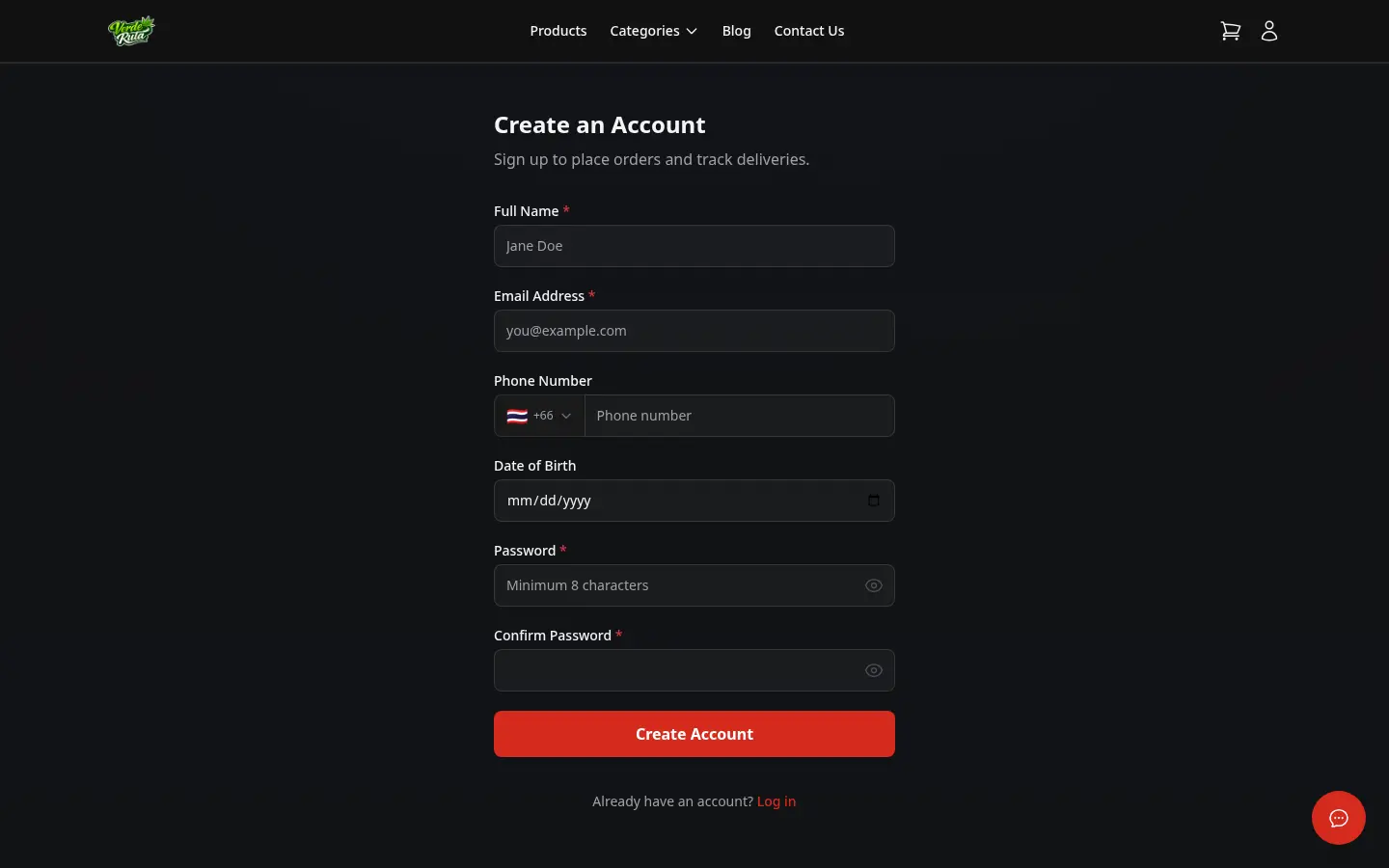 DabDash customer registration page with name, email, phone, date of birth, and password fields